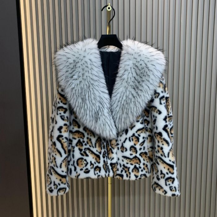 Cream Leopard Print Oversized Collar Faux Fur Coat