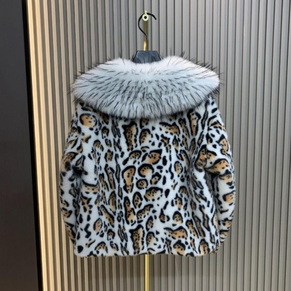 Cream Leopard Print Oversized Collar Faux Fur Coat