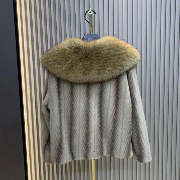 Brown Faux Fur Striped Oversized Collar Coat