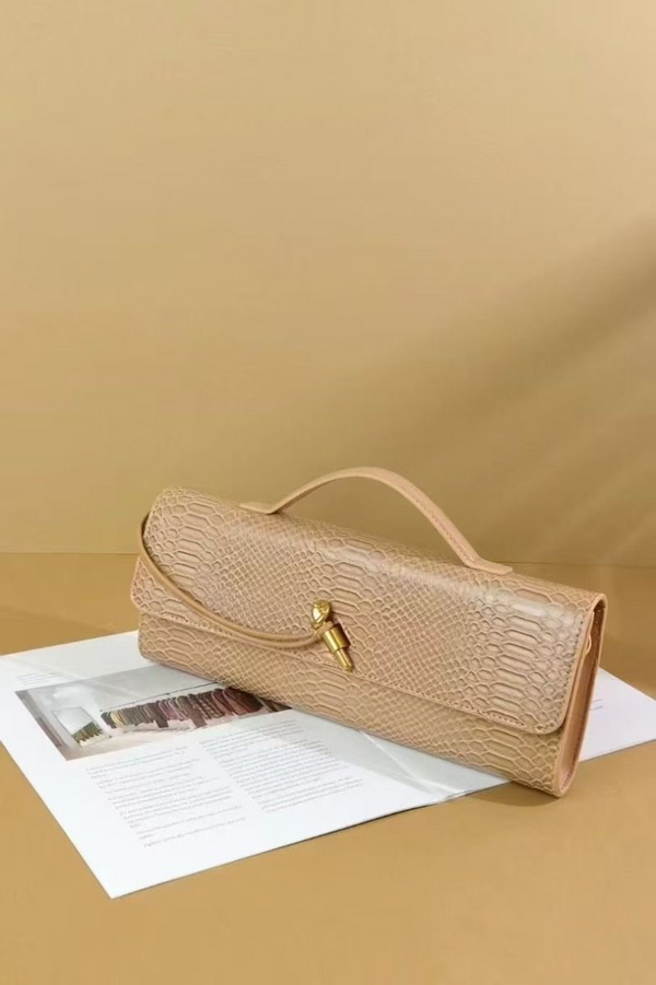 Beige Croc Gold Clasp Handbag