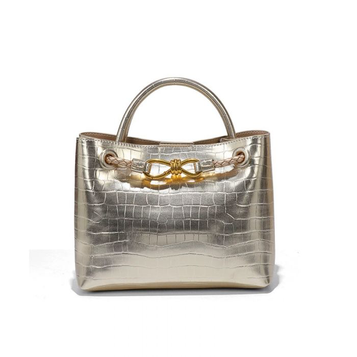Gold Croc-Embossed Gold Top Handle Handbag