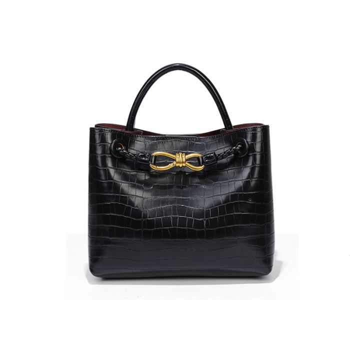 Black Croc-Embossed Gold Top Handle Handbag