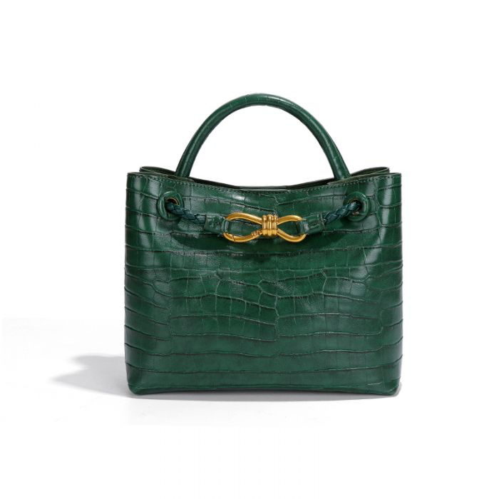 Green Croc-Embossed Gold Top Handle Handbag