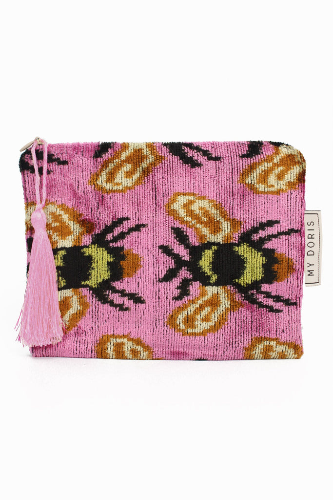 Pink Bee Medium Silk Velvet Pouch