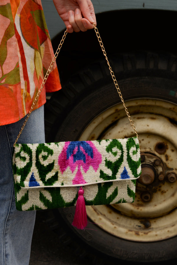 Cream Multi Kaya Clutch Silk Velvet Crossbody Handbag