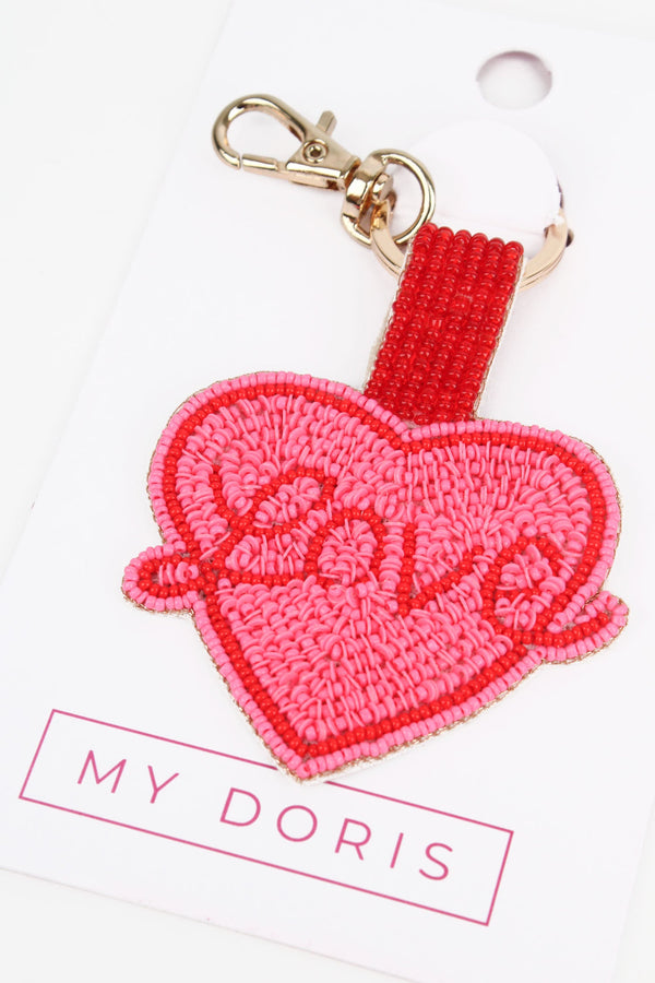 Love Heart Pink & Red Beaded Keyring/Bag Charm