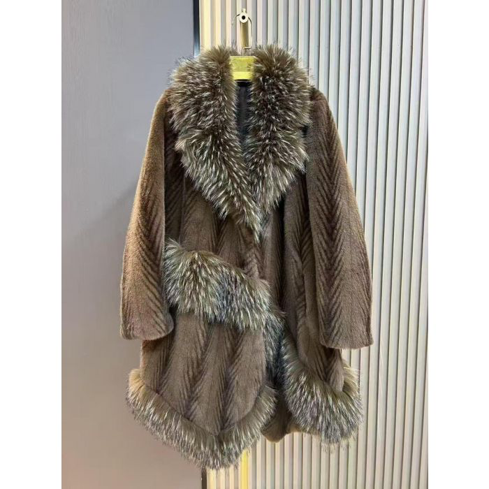 Brown Faux Fur Chevron Print Coat