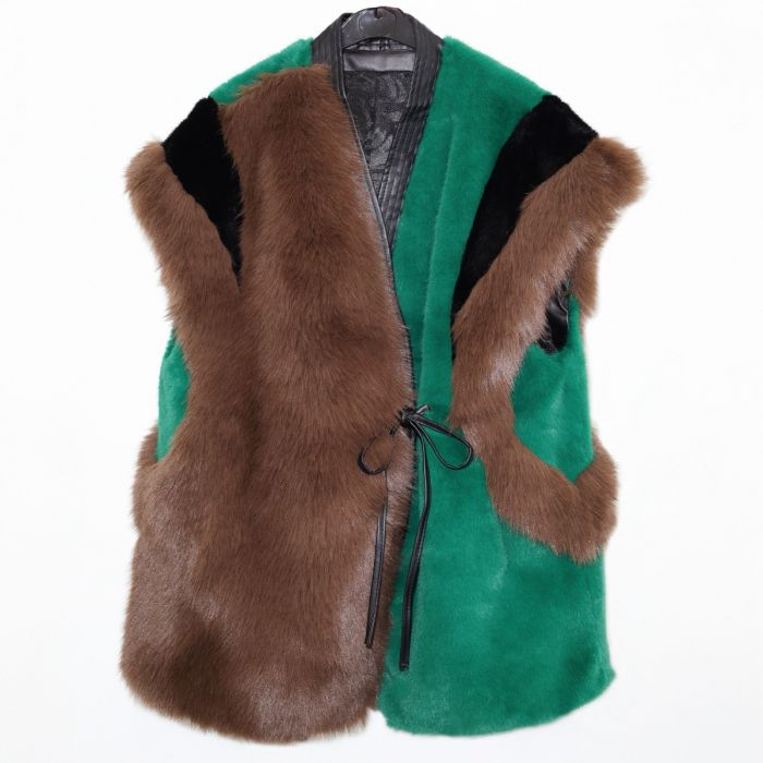 Green & Brown Faur Fur Leather Trim Waistcoat
