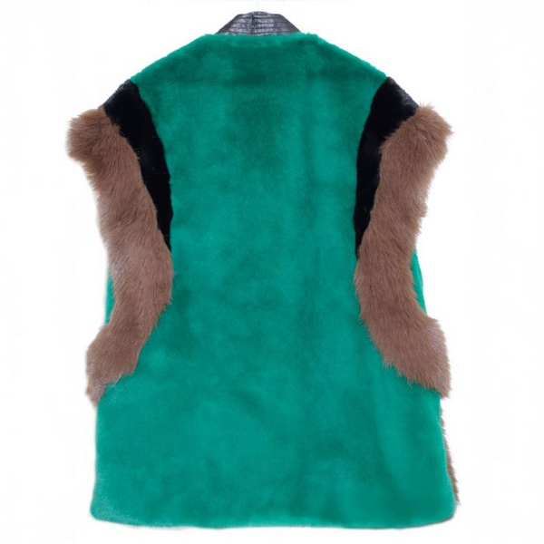Green & Brown Faur Fur Leather Trim Waistcoat