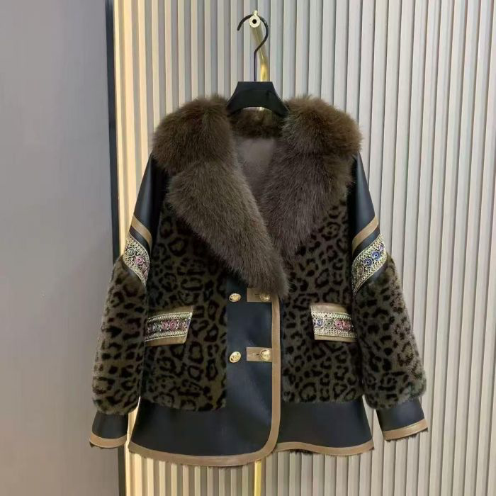 Green Leopard Faux Fur Leather Trim Embroidered Jacket