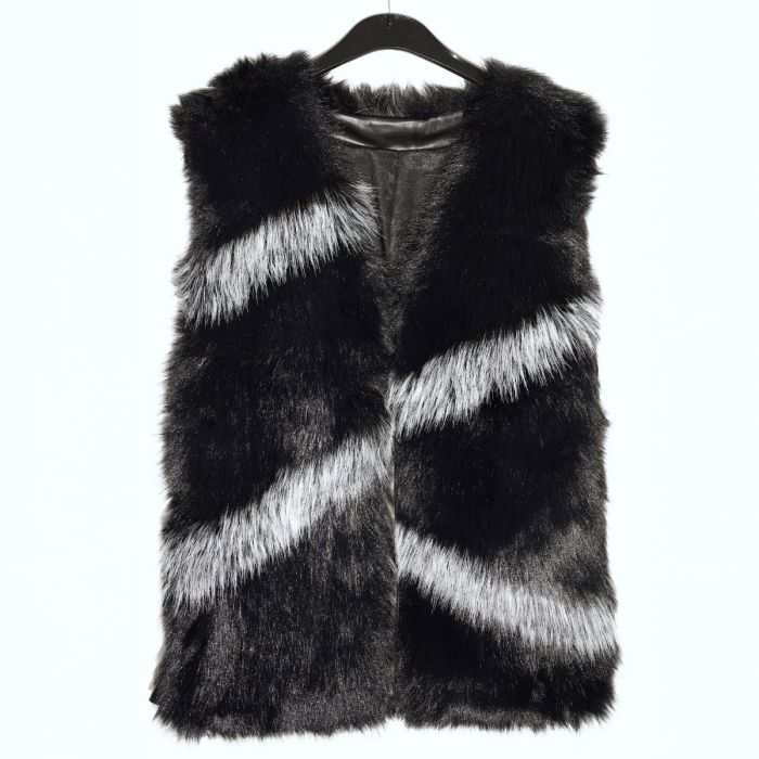 Black & Grey Faux Fur Leather Trim Waistcoat