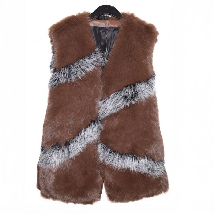 Brown & Grey Faux Fur Leather Trim Waistcoat