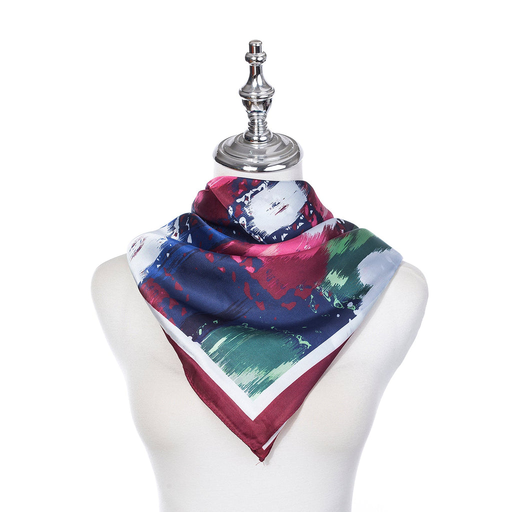 Burgundy & Navy Floral Print Silk Neck Scarf