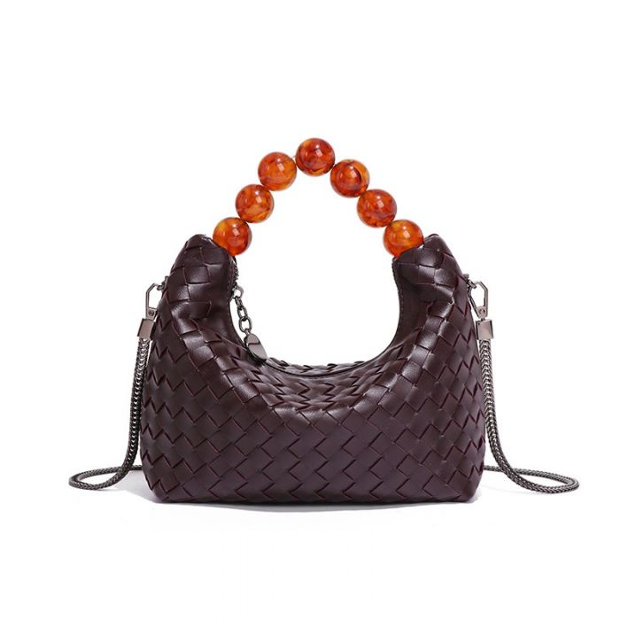 Wine Weave Beaded Handle Handbag