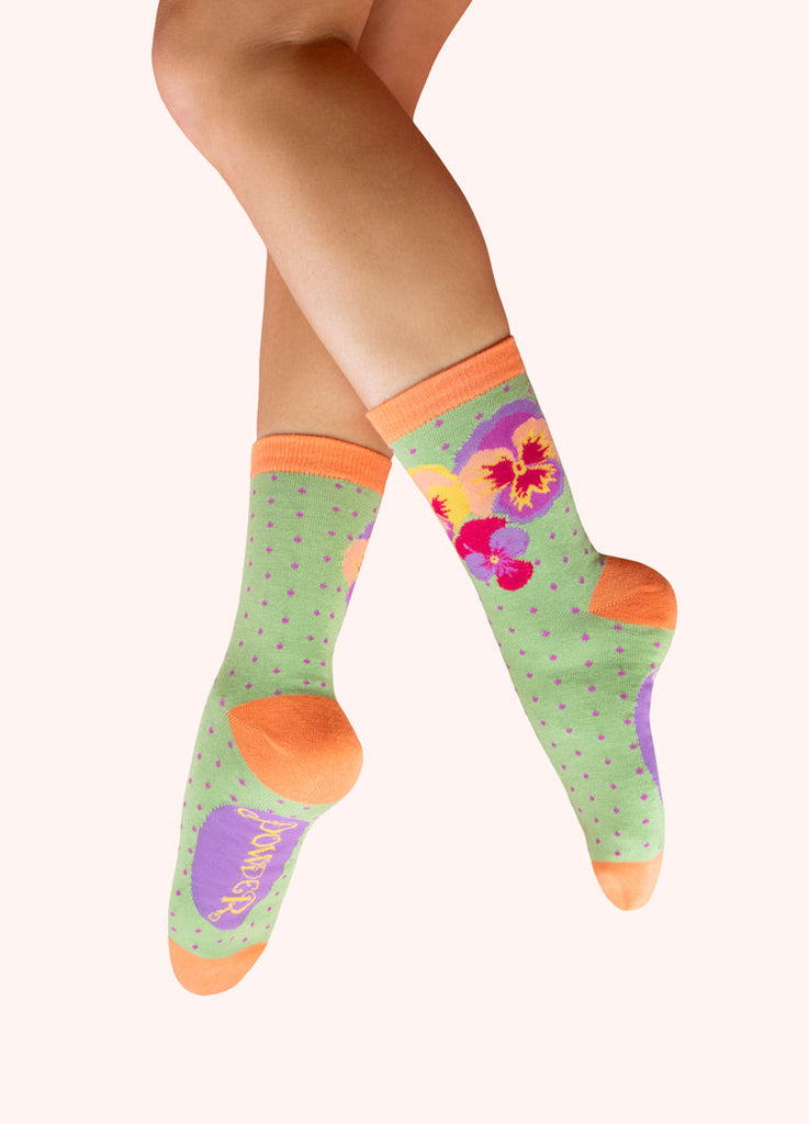 Powder Mint Floral Pansy Ankle Socks