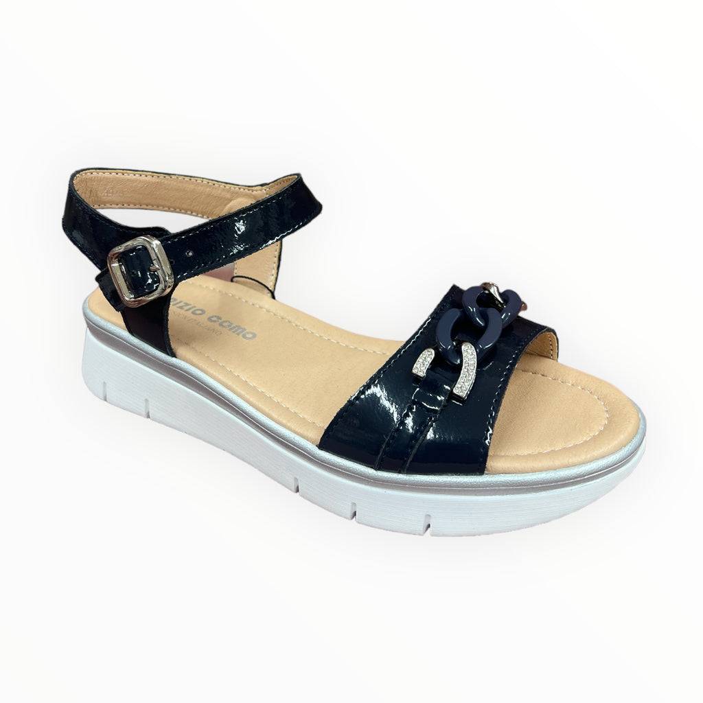 Navy Patent Curb Chain Wedge Sandals