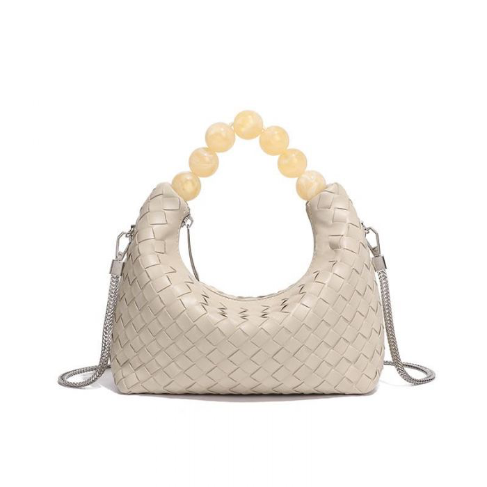 Beige Weave Beaded Handle Handbag