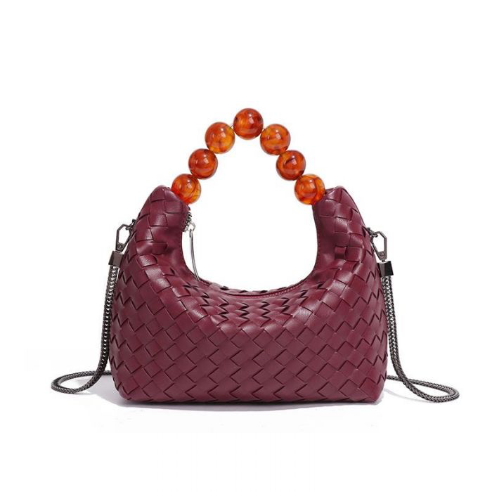 Burgundy Weave Beaded Handle Handbag