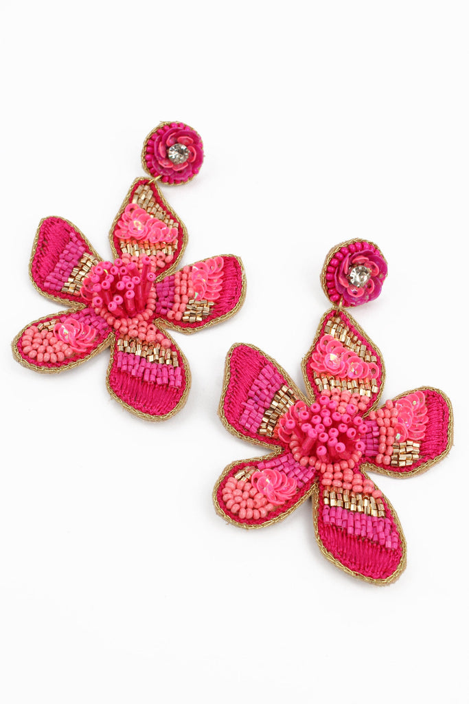 Pink Beaded Flower Earrings