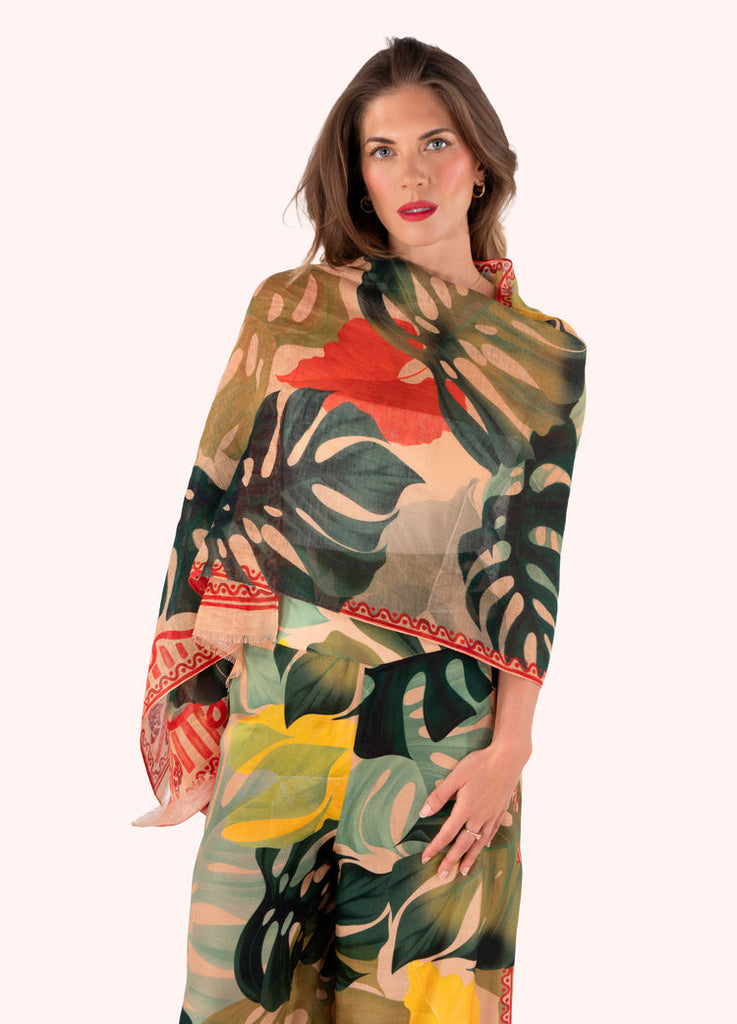 Powder Exotic Leaves Linen & Cotton Mix Scarf