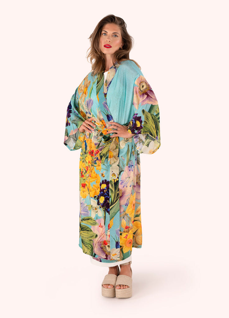 Powder Spring Floral Cupro Long Kimono Gown