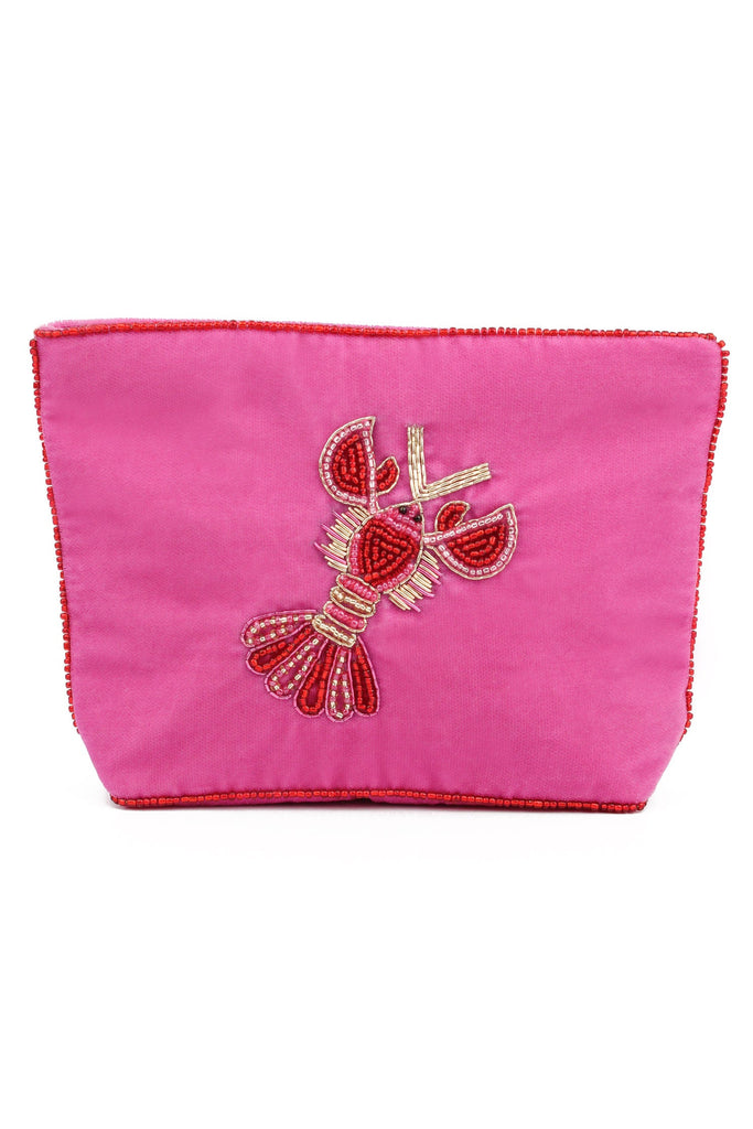 Pink Velvet Lobster Love Beaded Medium Pouch