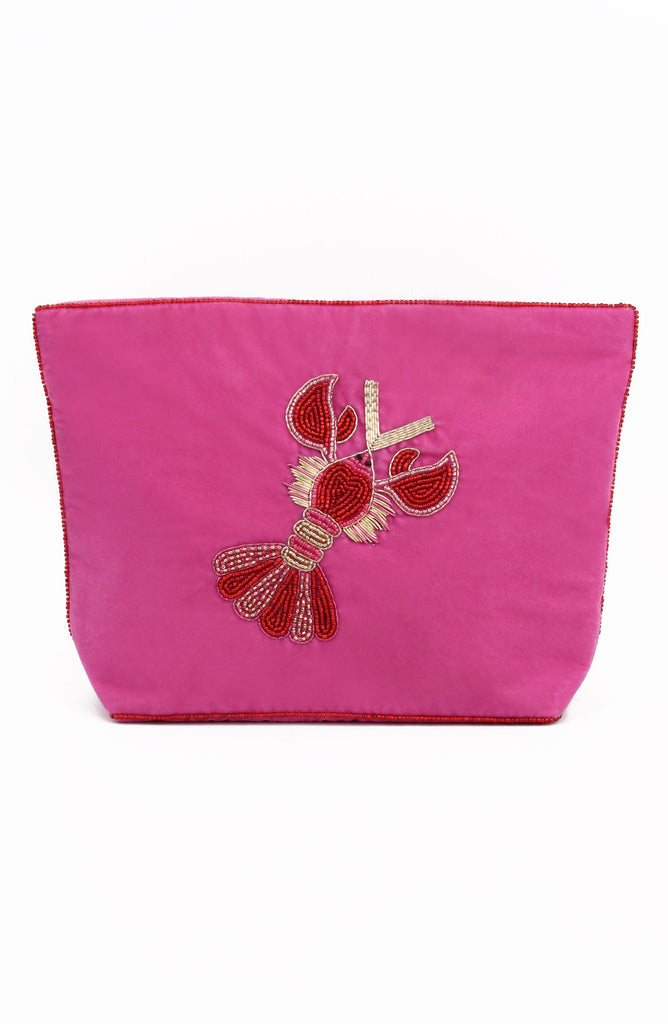 Pink Velvet Lobster Love Beaded Large Pouch