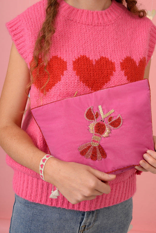 Pink Velvet Lobster Love Beaded Large Pouch