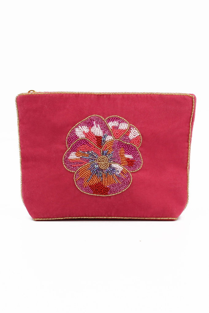 Pink Velvet Pansy Beaded Medium Pouch