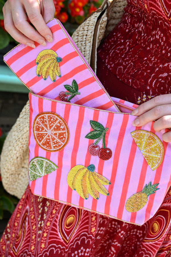 Striped Mixed Fruit Beaded Large Pouch