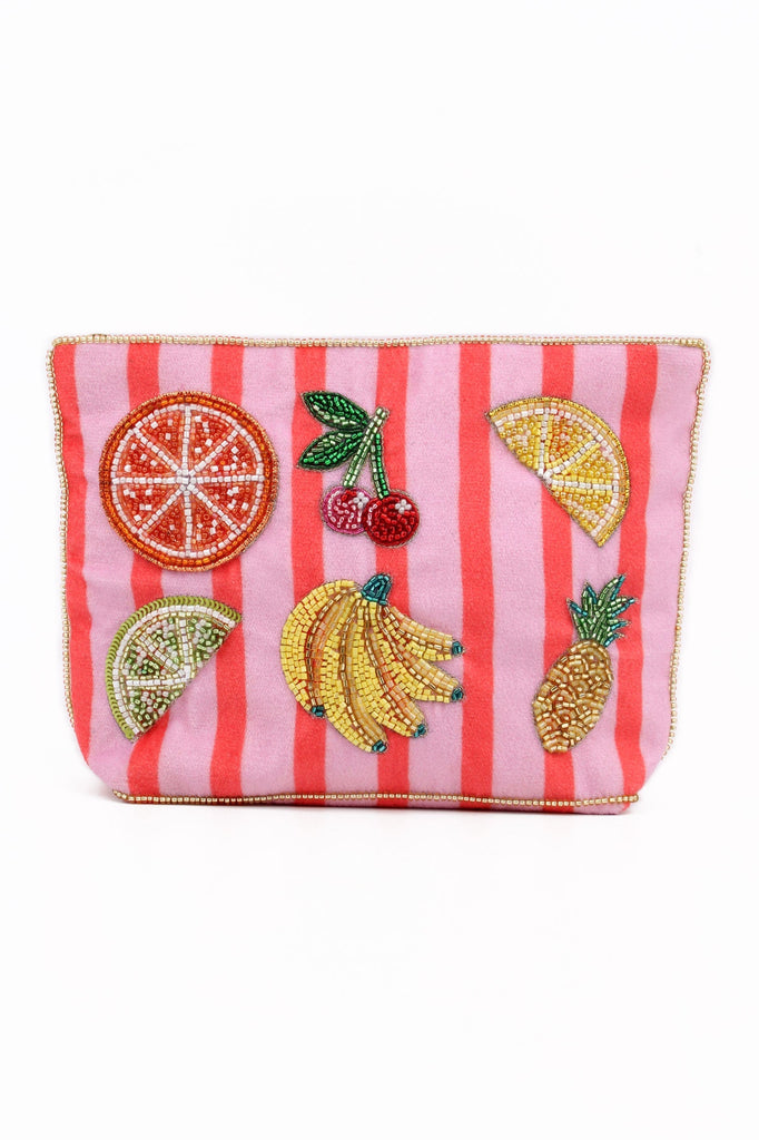 Striped Mixed Fruit Beaded Medium Pouch