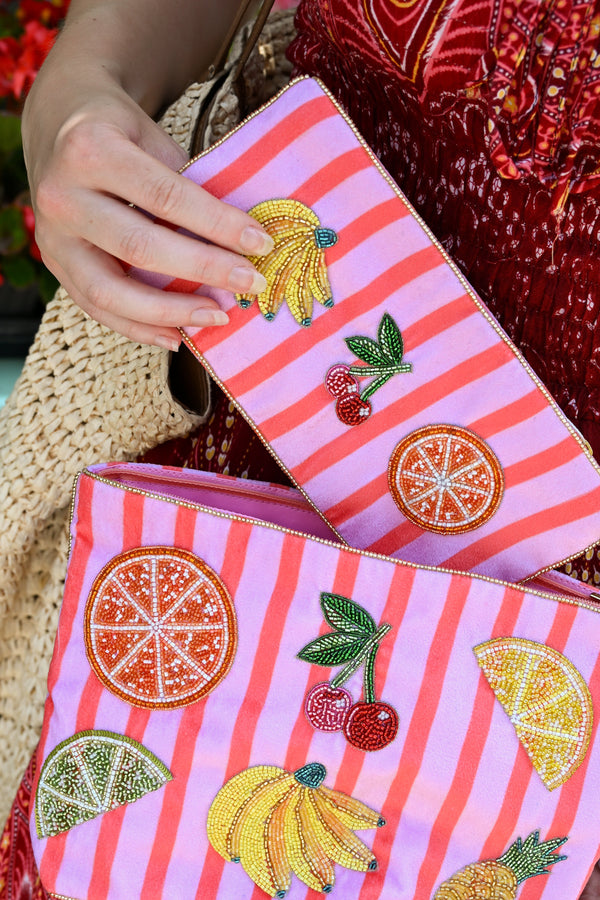 Striped Mixed Fruit Beaded Multi Use Pouch