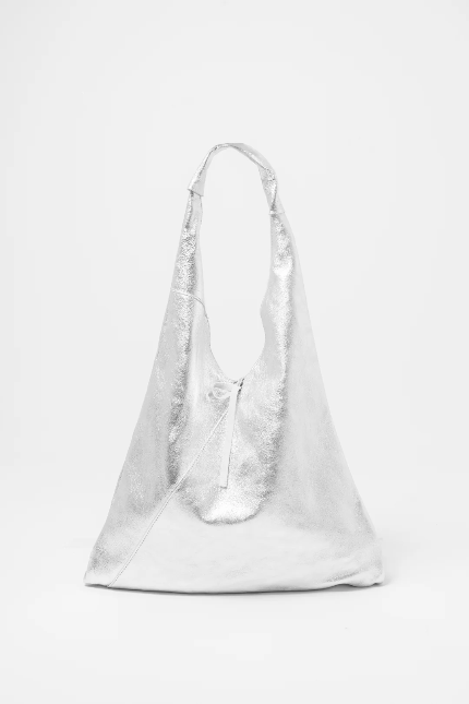 Silver Metallic Italian Leather Shoulder Handbag