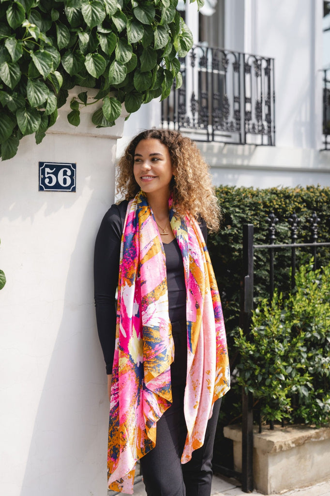 Pink Floral Print Silky Scarf