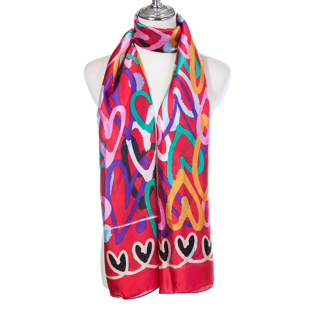 Red & Multi Coloured Heart Print Silky Scarf