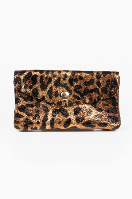 Sadie Bronze Metallic Leather Leopard Print Purse