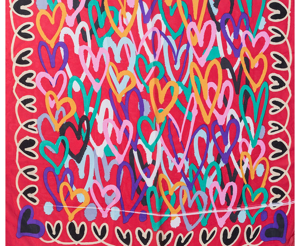 Red & Multi Coloured Heart Print Silky Scarf