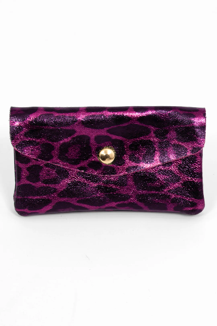 Sadie Fuchsia Metallic Leather Leopard Print Purse