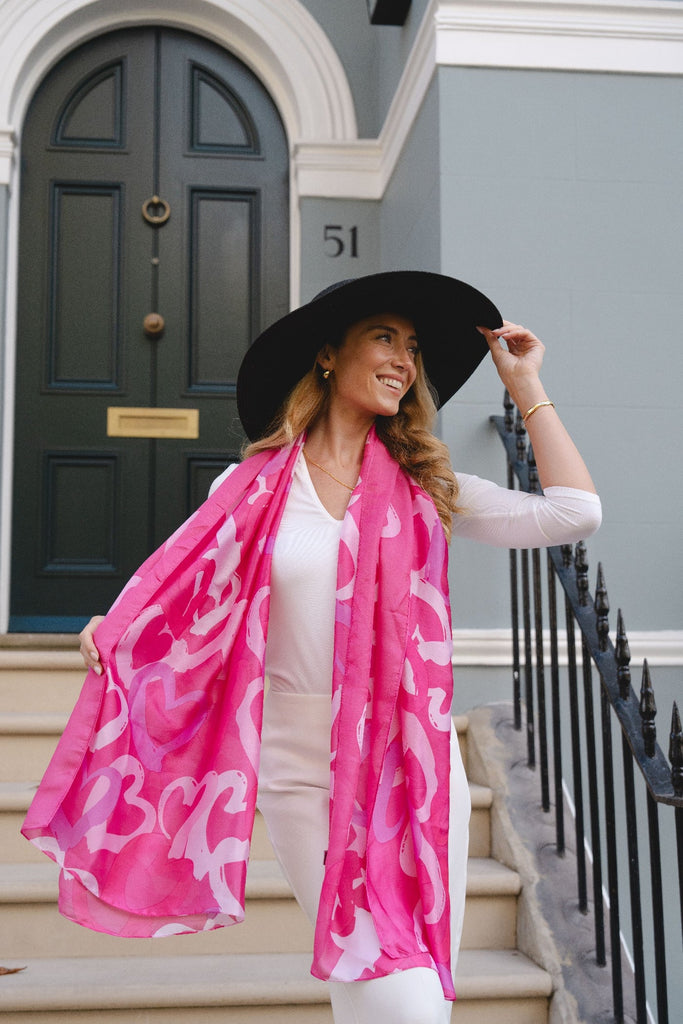 Fuchsia Pink Heart Print Silky Scarf