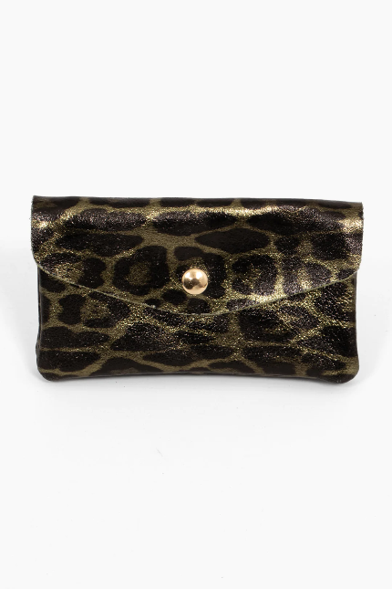 Sadie Khaki Metallic Leather Leopard Print Purse