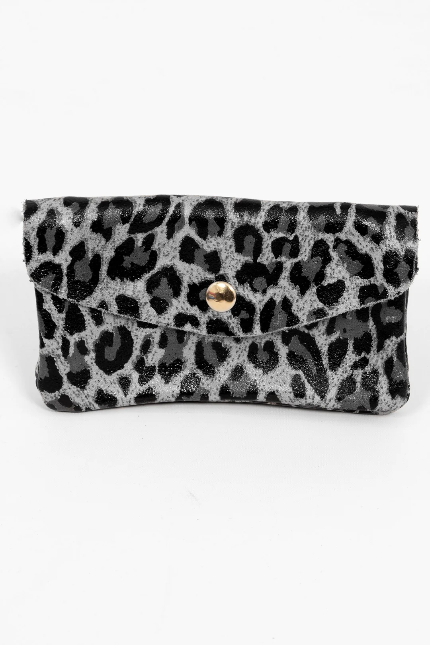 Sadie Grey Metallic Leather Leopard Print Purse