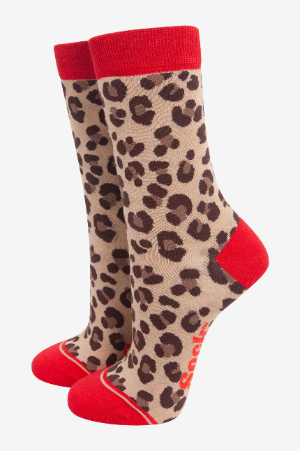 Beige & Red Leopard Print Socks