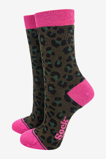 Khaki & Hot Pink Leopard Print Socks
