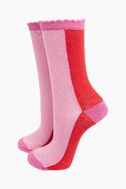 Red & Pink Colour Block Glitter Socks