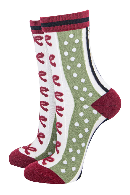 Green & Red Sheer Striped & Bow Socks