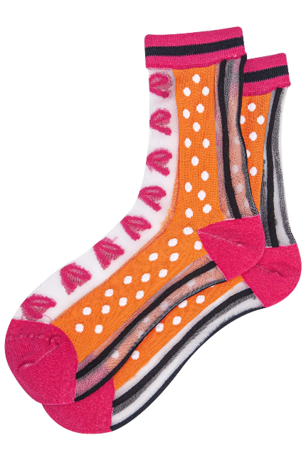 Orange & Hot Pink Sheer Striped Bow Print Socks