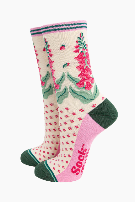 Cream & Pink Foxgloves Floral Bamboo Socks