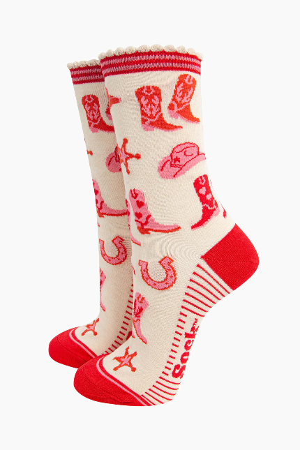 Cream & Pink Western Print Bamboo Socks