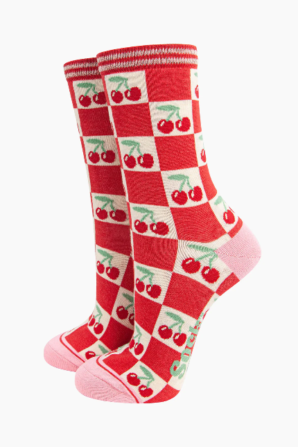 Red Check Cherry Print Bamboo Socks