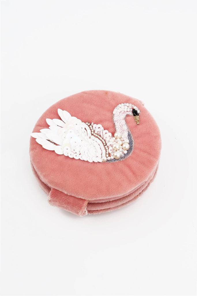 Pink Beaded Swan Compact Mirror